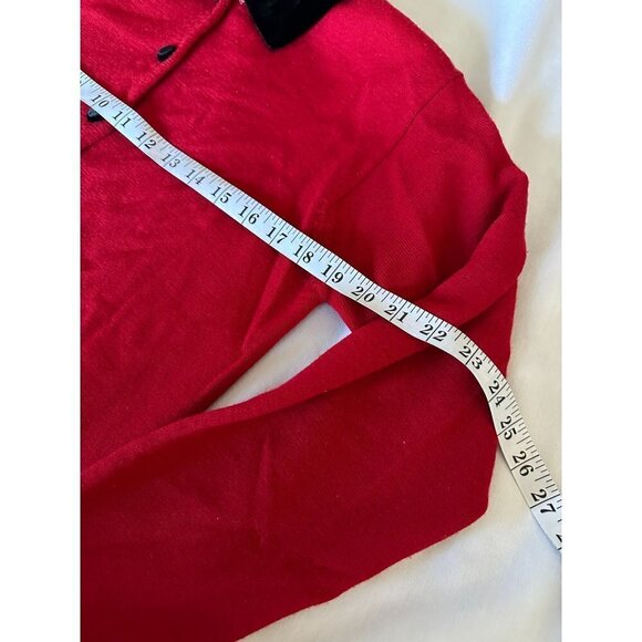 Vintage Valerie Stevens Red Sweater Cardigan Black Velvet Trim Merino Wool Sz M - Picture 9 of 11